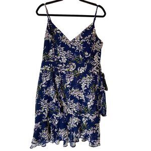 B. Smart Floral Ruffle Hem Wrap Dress Navy White Sleeveless XL